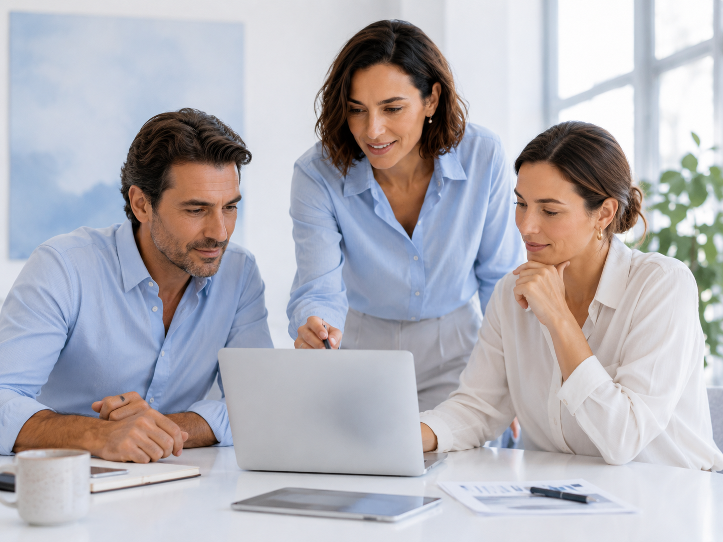Team professionale in riunione davanti a un laptop in un ambiente di lavoro moderno